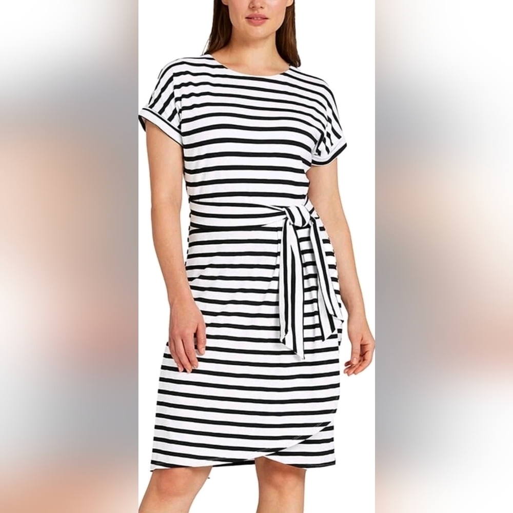 Chaps Ladies' Crewneck Knit Dress Black And White Stripes Size XXL Shirt Sleeves